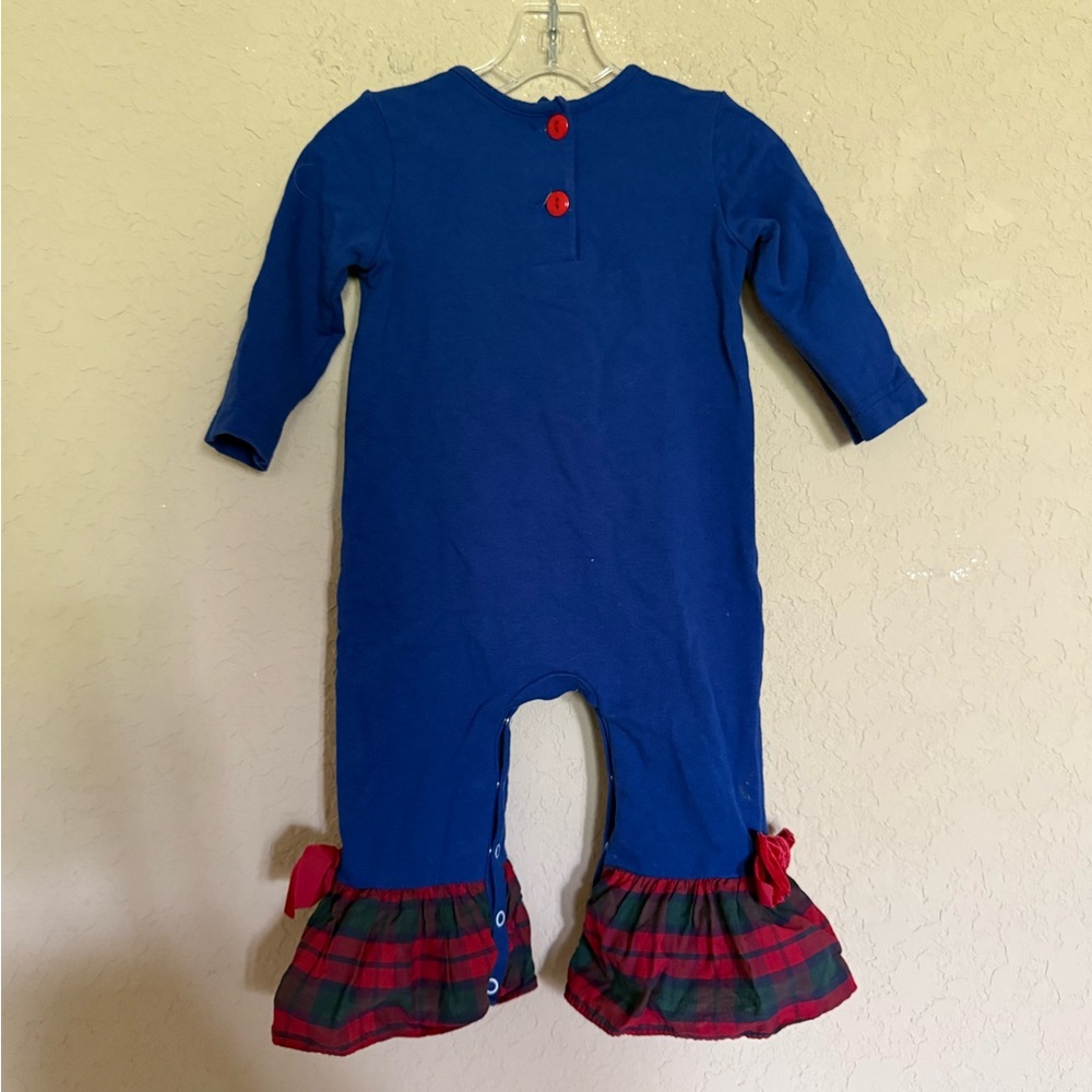 Ricrac & Ruffles Blue Christmas Holiday Baby Romper with Ruffle Trim - Picture 9 of 11